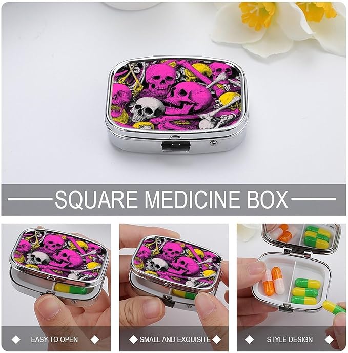 Metal Pill Organizer – 2-Compartment Pocket Pill Box for Vitamins, Supplements, Medications – Compact Travel Case (Psychedelic Neon Skull Chaos)