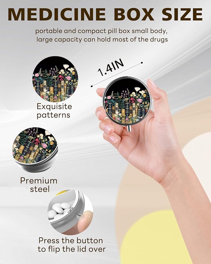 LRITER Pill Case, Portable Travel Pill Box, Pillbox Organizer, Cute Small Medicine Storage Container, Purse Accessories for Women, Men (Books and Flowers)