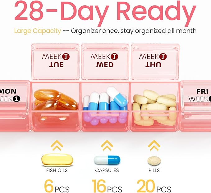 Betife Monthly Pill Organizer 1 Time a Day, 4 Weekly Pill Box Organizer Once a Day, 28 Day Large Pill Case for Travel, 28 Day Daily Medcine Container for Vitamins, Supplement & Medication (Pink)