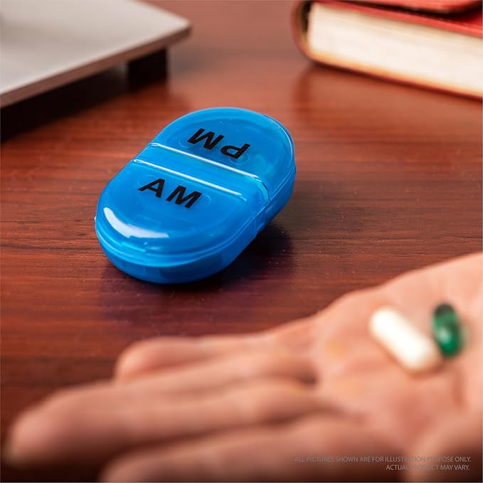 Deke Home - Pill Organizer AM PM, 2 Compartment Pill Box for Pocket or Purse, Small Daily Medicine Case, Travel Pill Holder, Easy Open Pill Container for Seniors, Vitamins & Supplements (Blue)