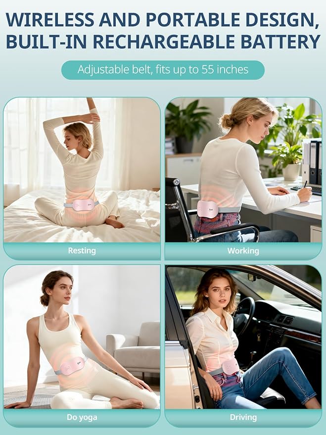 Slimpal Portable Heating Pad for Period Cramps, Electric Cordless Heating Pad for Menstrual Cramps Relief, 3 Timer Auto Off Setting, Wearable Heat Pad Belt for Her Women Girl Wife, Pink
