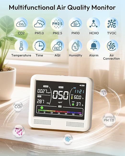 Air Quality Monitor Indoor, 16 in 1 Air Quality Tester for CO2 Monitor, TVOC, PM1.0 PM2.5 PM10, HCHO Temperature Humidity & Time, AQI Monitor with Alerts for Home (PureWhite)