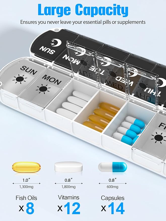Gelibo Pill Organizer 2 Times a Day,Magnetic Foldable Weekly AM PM Pill Case, Large Travel Pill Box for Vitamins,Supplements,Medication Organizer 7 Day,Never Spill Pills,Easy to Open for Arthritis