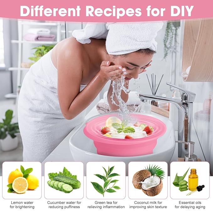 Face Bowl for Ice With Built-in Ice Tray Collapsible Silicone Facial Face Ice Bath Bowl Small Reusable Cold Plunge Basin is Portable,Perfect for Home Use,Camping,Travel Cold Bath Spa Tool & Pink