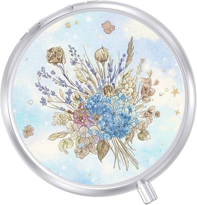 Round Pill Case Small Pill Box with Mirror Pocket 3 Compartment Vitamin Pill Medicine Case Organizer Pill Containers for Traveling Blue Dried Flowers