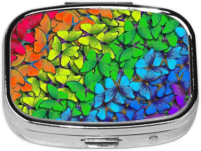 Butterfly Pill Box 2 Compartment Small Pill Case,Portable for Pocket or Purse Pill Organizer Pill Container Holder with Mirror to Hold Vitamins, Medication, Fish Oil and Supplements
