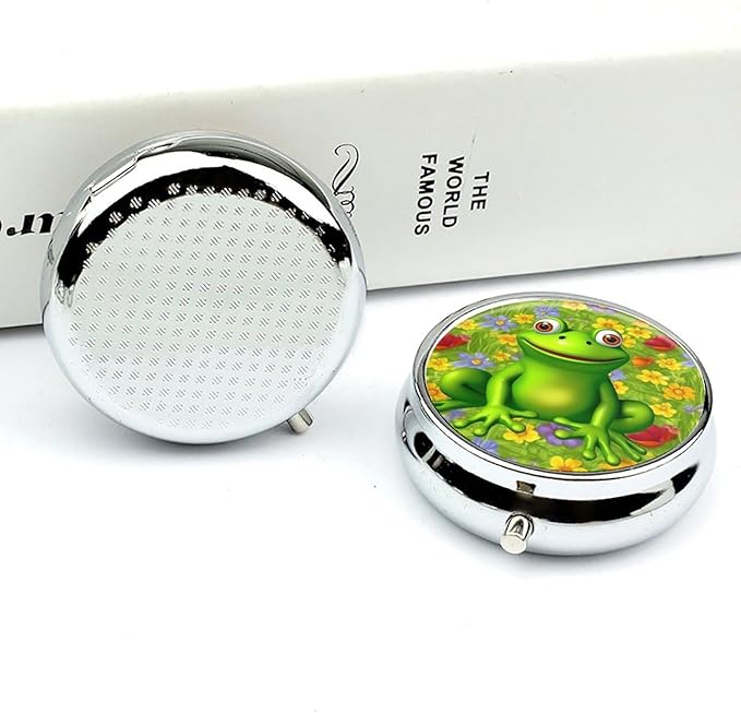 Frog Pill Box Travel Pill Case for Purse Pocket Weekly Medicine Organizer with Mirror 3 Compartment Round Medicine Case Portable PillcaseHolder for Daily