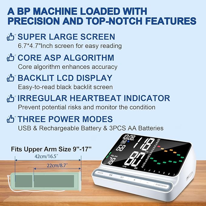 Blood Pressure Monitor for Home – Large Backlit Screen with Trend Curve, Rechargeable Upper Arm BP Machine, Accurate Readings, 180 Memory for 2 Users, Digital Machine with Comfortable Large Cuff