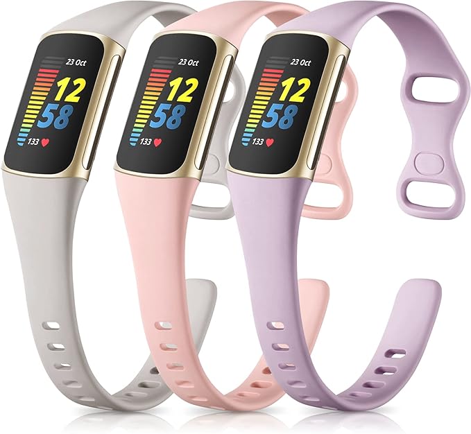 Maledan Slim Band Compatible with Fitbit Charge 6/Charge 5 Advanced Fitness Tracker, 3 Pack Cute Durable Slim Thin Sport Waterproof Replacement Wristbands for Women Men, Pink/Gray/Lavender