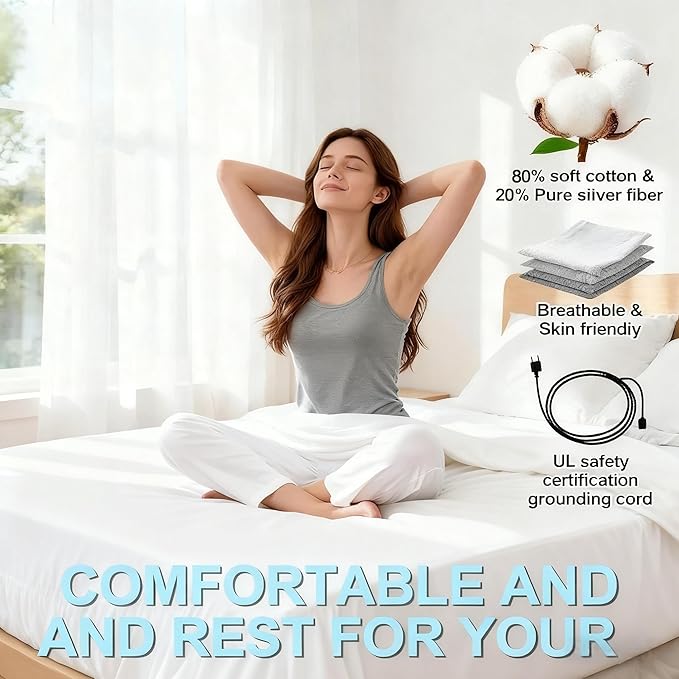 Grounding Sheets, 20% Pure Silver Fiber + 80% Organic Cotton, Grounded Sheet Earth Connected Bedding Fitted Earth Sheets with Grounding Cord
