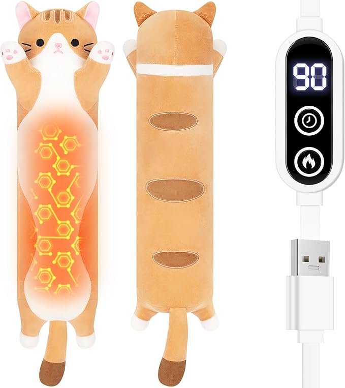 Cat Heating Pad-USB Heated Plush Stuffed Animals for Period Cramps and Menstrual Pain Relief,22” Portable Electric Kitten Heating Pads,Soft Built-Pocket Plush Women Girls Birthday,Orange