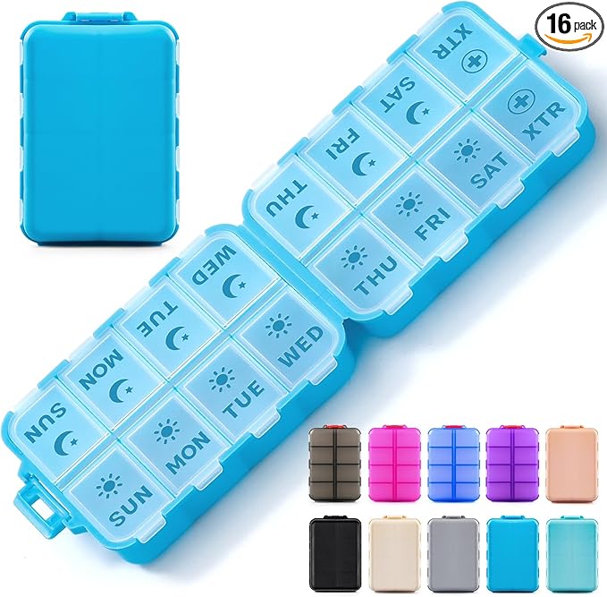 Foldable & Portable Pill Organizer 2 Times A Day with Extra Compartments - Etched Labels - Weekly 7 Day AM PM Medicine Box, Week Daily Travel Pill Case Holder Dispenser for Vitamin, Supplement - Blue