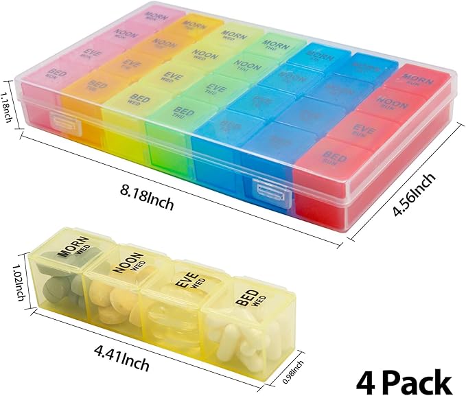 4Pack Weekly Pill Organizer 4 Times a Day, 7-Day Pill Boxes, Monthly Medication Organizer 28 Days Portable Compartments & Moisture-Proof Outer Case for Vitamins, Fish Oils, Supplements(Color)