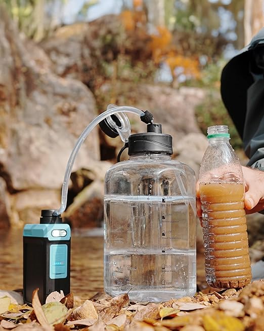 3-in-1 Solar Electric Water Filter with Hand Pump - Camping Water Filtration System Survival, Portable Water Purifier with Emergency Light, Survival Kit for Backpacking, Birthday Gifts for Men