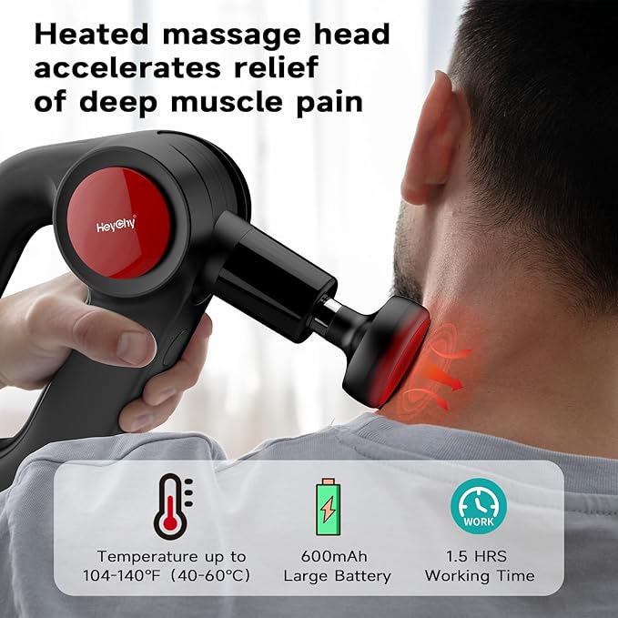 Deep Tissue Massage Gun with Heat, 12mm Amplitude Percussion Massager for Athletes & Muscle Relief, Professional Handheld Masssger Gun for Neck, Back, Shoulder, Leg, Gift for Men, Black