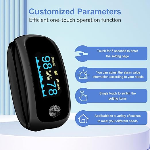 Rechargeable pulse oximeter with respiration, with O2 Pulse Rate PI RR Respiratory Accurate Reliable Oximeter SpO2 Reading Not for medical use Black