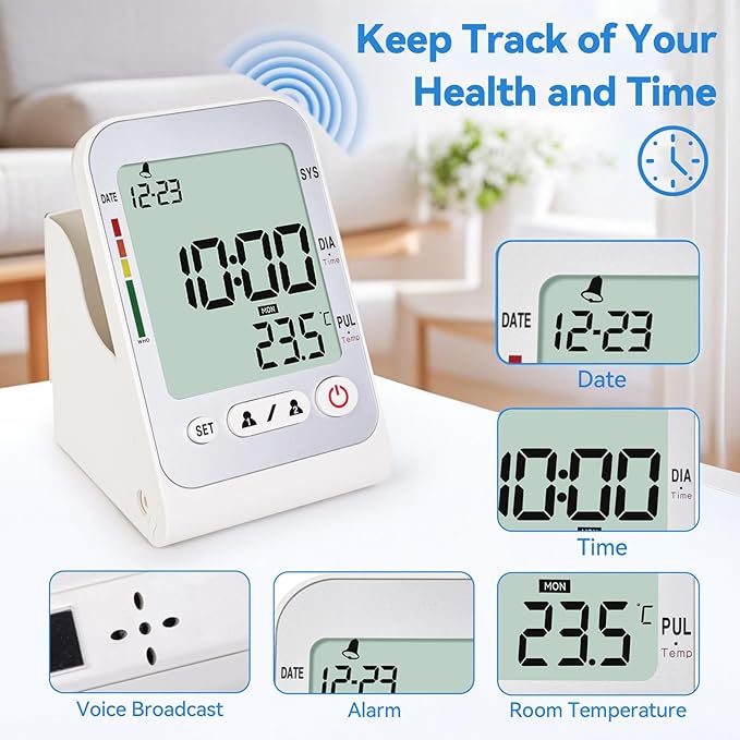 Blood Pressure Monitors for Home Use Upper Arm Cuff Machine, Automatic Digital Bp Monitor Accurate with Storage Large Cuff 14.2" – 18.9" 2 Users Memory Stand Clock