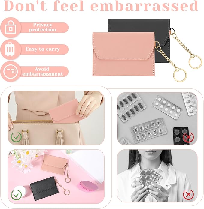 2 Pack Birth Control Pill Case Sleeve Packet 4.3 X 3.2 Inch PU Leather Wallet Pill Holder Privacy Protection Birth Control Pills Wallet with Key Ring for Pills Card Organizer (Black & Pink)