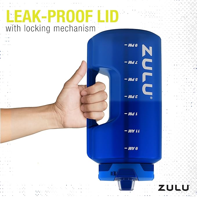 ZULU Goals 128oz Half Gallon Plastic Water Bottle with Straw and Time Marker | Large Reusable Jug with Handle and Leak Proof Lid for All Day Hydration, Gym and Outdoors, Gift Ready, Royal Blue