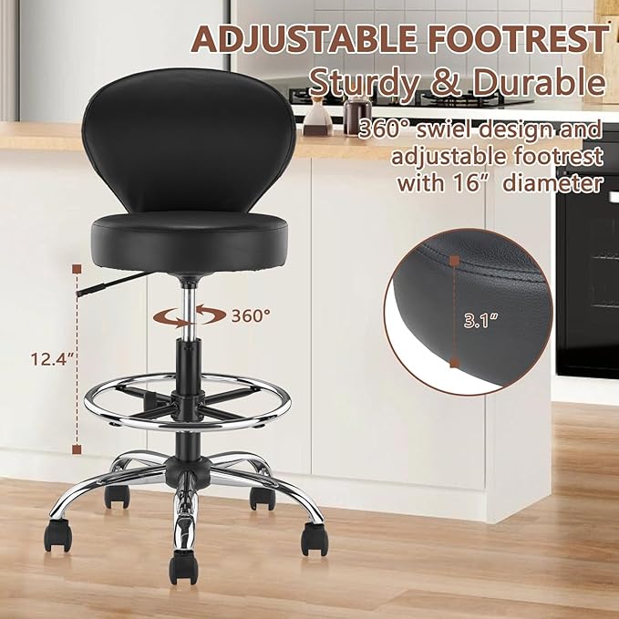 Leather Drafting Stool Chair Padded Seat 360° Swivel Rolling Stools Adjustable Height with Ergonomic Backrest and Footrest, Tall Office Chair for Standing Desk, Studio, Labs, Black, 2 Pack