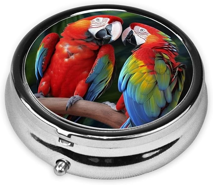 Pill Box 3 Compartment Medicine Pill Organizer Two Colored Parrots Round Pill Case for Purse & Pocket Travel Pillbox Portable Metal Medicine Vitamin Fish Oil Organizer Unique Gift