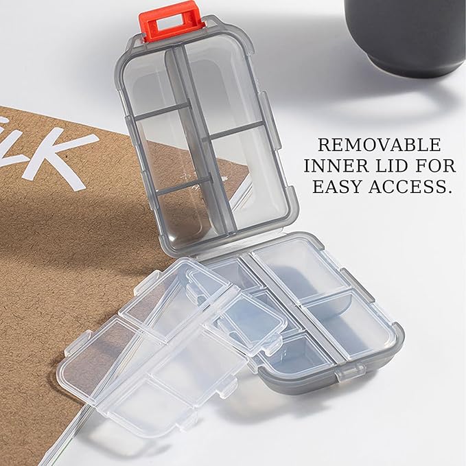 4Pack Travel Pill Organizer - 10 Compartments Pill Case with 64 Stickers, Pill Organizer 2 Times A Day, 20 Days Portable Compartments for Vitamins, Fish Oils, Supplements(Gray)