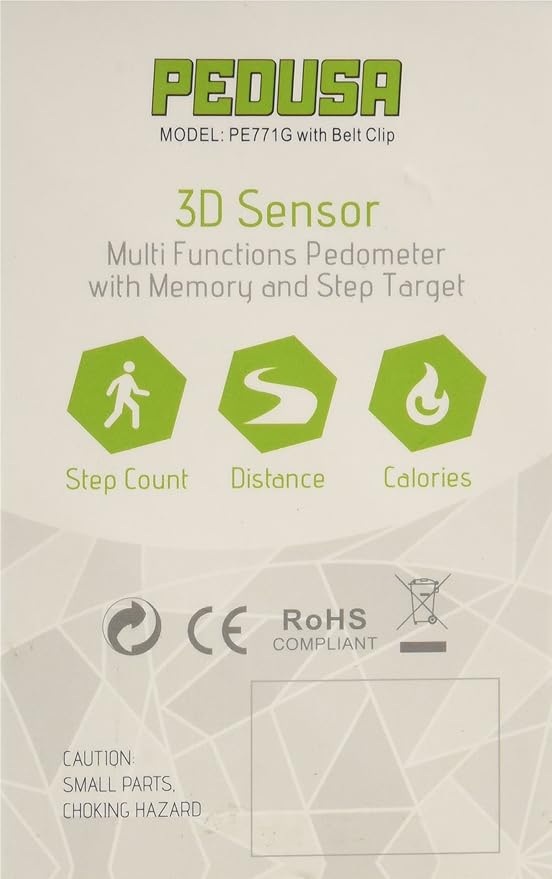 PE771 Walking 3D Pedometer with Clip and Strap | 7 Day Memory, Accurate Step Counter, Walking Distance Miles/Km, Calorie Counter, Target Goal, Active Time