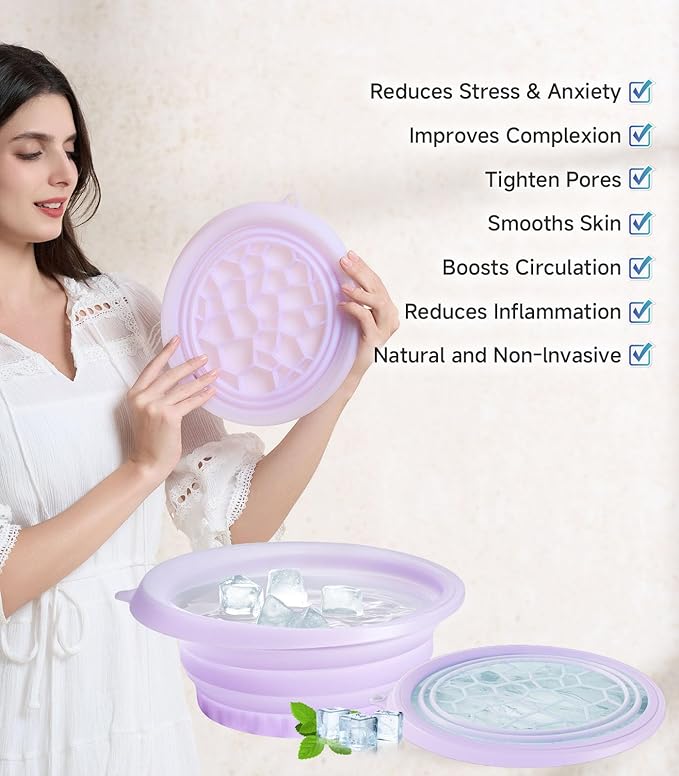 Face Ice Bath Bowl with Built-in Ice Tray, Collapsible Silicone Face Ice Plunge Bowl, Cold Therapy for Skin Tightening, Puffiness Reduction & Acne Relief - Ideal for Home & Travel