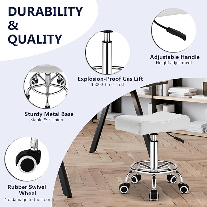 Square Salon Rolling Stool - 300lbs Weight Capacity，Adjustable Swivel Stool with Wheel，Pu Leahter Comfortable Cutting Stools for Salon Tattoo Stylist Massage Perfect for Work SPA (White)
