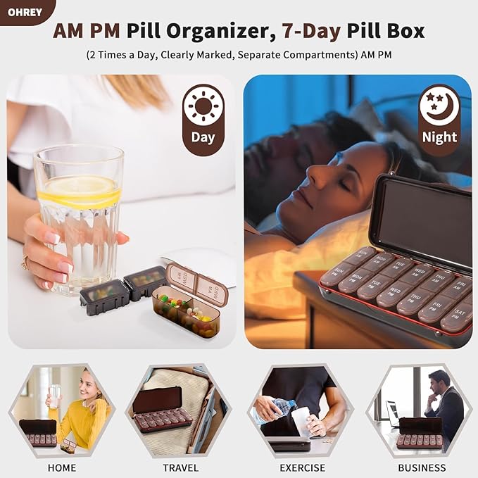 Pill Organizer 2 Times a Day, Weekly Travel Case for Vitamins, Fish Oils + 2 Detachable Cute Boxes (Brown)