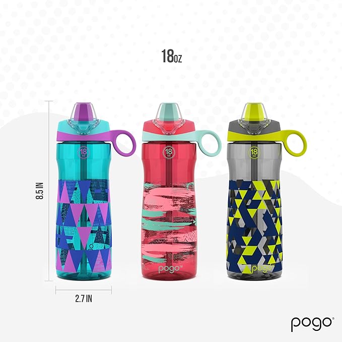 Pogo 18oz Plastic Water Bottle with Straw Lid with Carry Handle, Reusable, BPA Free, Dishwasher Safe, Perfect for Travel, School, Outdoors, and Gym
