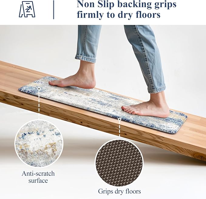 LEEVAN Kitchen Mats Cushioned Anti Fatigue Blue Set of 2,Non Slip Waterproof Kitchen Mats for Floor,Memory Foam Comfort Abstract Kitchen Floor Mat for Sink,Laundry,Home,Office,Desk(17"x29"+17"x47")