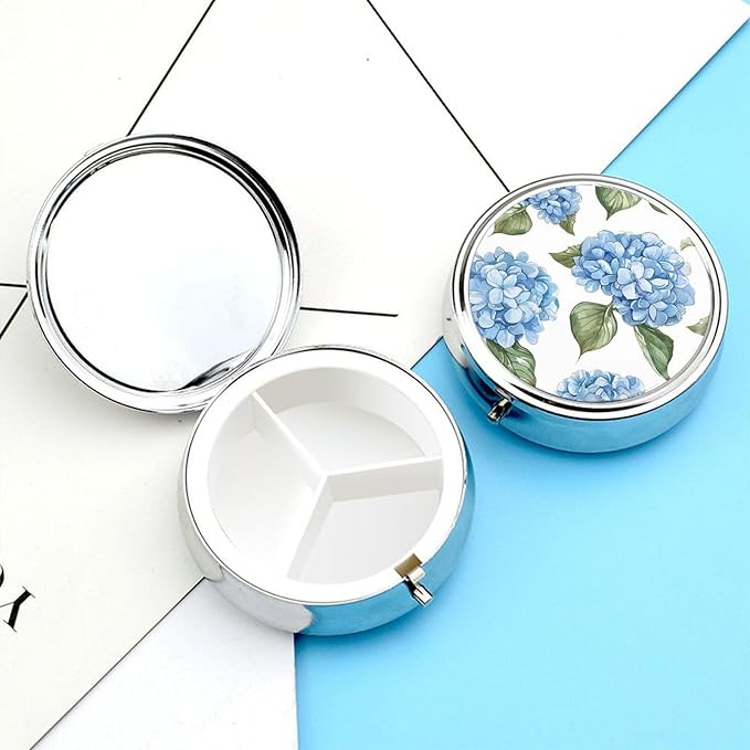 Blue Hydrangea Pattern Pill Box 3 Compartment Small Pill Case with Mirror for Purse & Pocket Travel Medicine Organizer Daily Medication Container Portable Pillbox Metal Medicine Box Round Meds Case