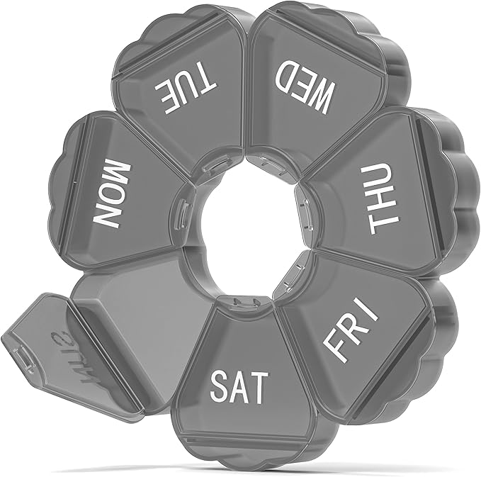 Enlarged Weekly Pill Organizer 7 Day, Daily Pill Box with Never Faded Etched 3D Date Labels, Travel Pill Case with Large Compartment for Medication, Vitamin, Fish Oil, Supplements-Grey