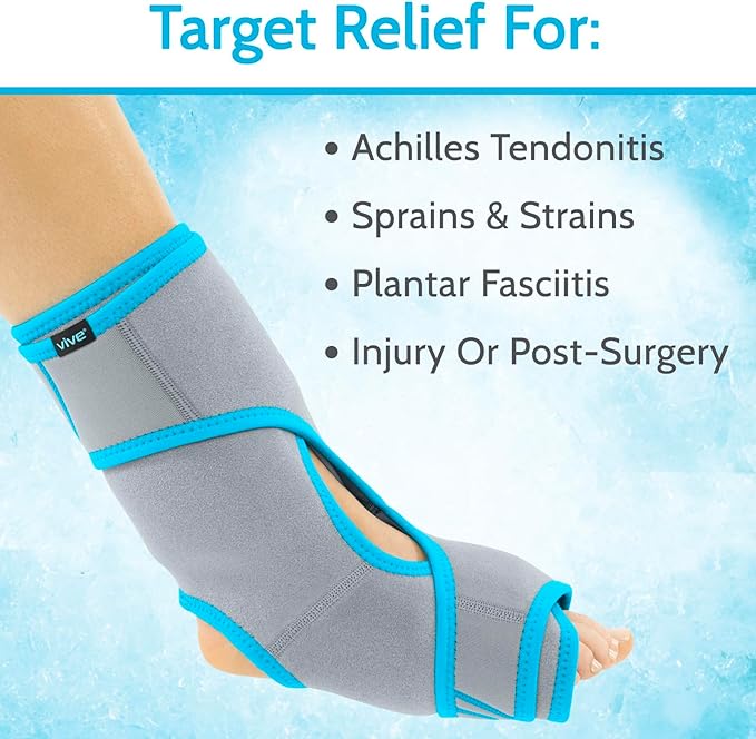 Vive Ankle Ice Pack Wrap - Foot Cold/Hot Compression Brace - Adjustable Freeze Support for Cooling/Heating Achilles Injuries, Tendonitis, Plantar Fasciitis, Sore Feet, Inflammation, Muscle Sprain
