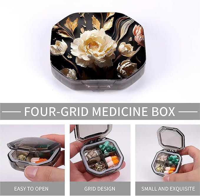 This Portable 3D White Peony Pattern 4 Compartment Pill Box Can Be Placed in A Pocket Or Wallet to Store Vitamins, Medicines Health Supplements Other Medications.
