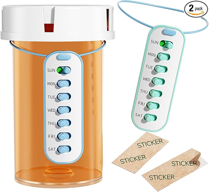 Betife 2-Pack Pill Reminder Tracker - Elastic Lanyard & 3M Stickers, Reusable Medication Reminder for Most Pill Bottles, Daily Habit Tracker for Seniors & Busy Adults