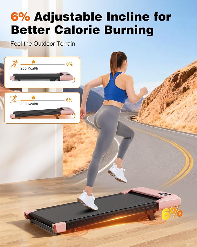 DeerRun Walking Pad Treadmill with 6% Manual Incline, Under Desk Treadmill for Home Office & Small Spaces, 0.6–3.8 MPH, 2.5 HP, 300 lb Capacity, App & Remote Control