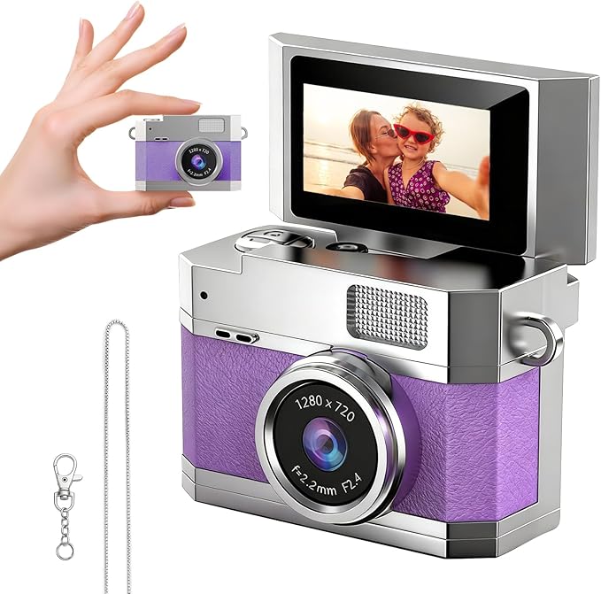 ‌Mini Keychain Digital Camera Purple - HD Mini Digital Camera with 0.96" Flip Screen & 32GB Card,Funny Gifts for Friends, for Mom