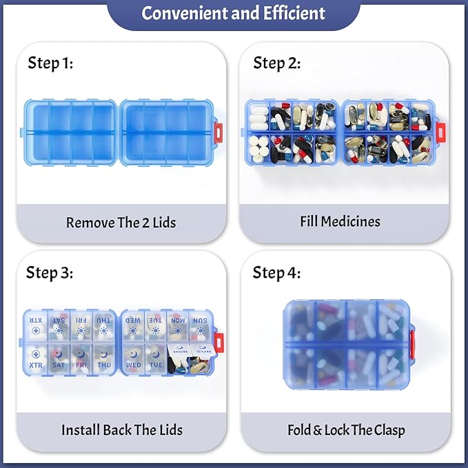 Foldable Weekly Pill Organizer 2 Times a Day with 2 Extra Compartments - Etched Labels - Portable 7 Day AM PM Medicine Box, Week Daily Travel Pill Case Holder for Meds, Vitamin, Supplement -Clear Blue