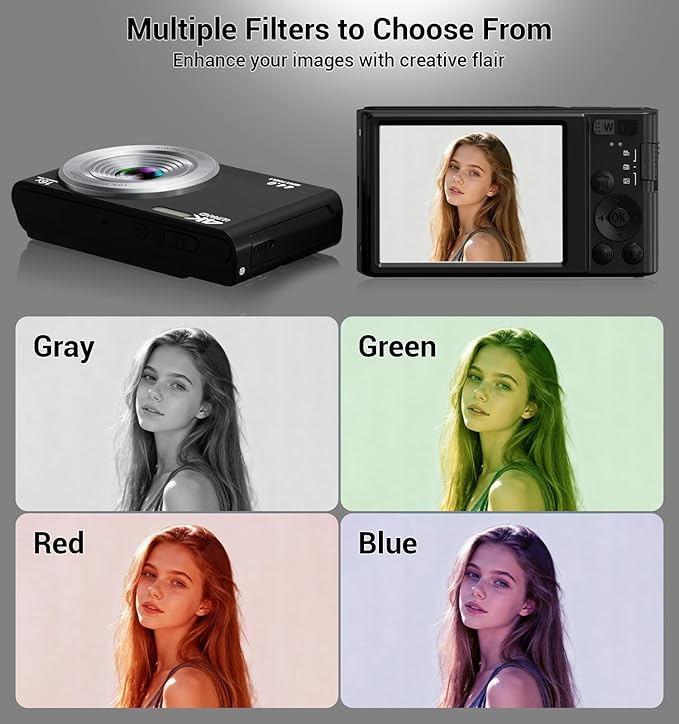 Digital Camera 4K, Autofocus Digital Compact Digital Camera,16X Digital Zoom Upgraded Travel Camera with 64GB SD Card,2 Batteries,Small Camera for Teens Kids Boys Girls,Black