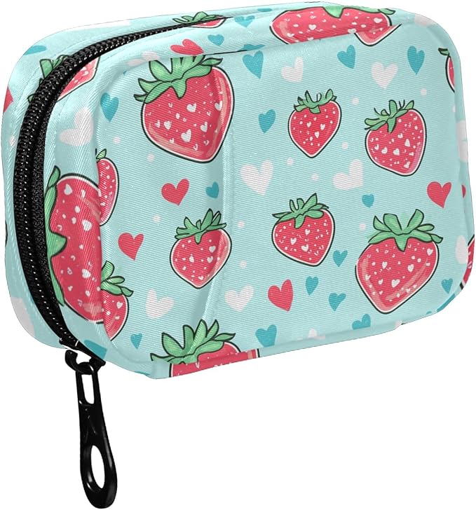 Fustylead Cute Cartoon Strawberry and Little Hearts Pill Organizer for Purse, Weekly Portable Pill Box with Zipper to Storage Vitamins Fish Oils Medications Supplements