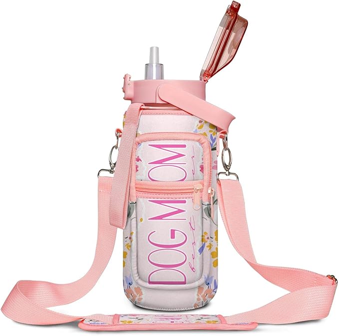 Pink Dog Mom 64 Oz BPA Free Leakproof Water Bottle with Straw, Time Marker & Motivational Quotes for Dog Lovers, Office, Gym, Outdoor, Travel