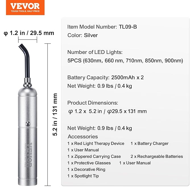 VEVOR Red Light Therapy Device with Removable Tip, 2 in 1 Facial & Body Light Therapy Wand for Joint Mouth Nose Ear, Handheld Red Lights Healing Therapy Torch & 5 Wavelength, Pulse Mode