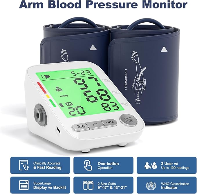 Blood Pressure Machine Upper Arm, Arm Electronic Sphygmomanometer with 2 Cuffs, Digital Upper Arm BP Machine, LCD Display, 9"-17" Medium and 13"-21" XL Cuff