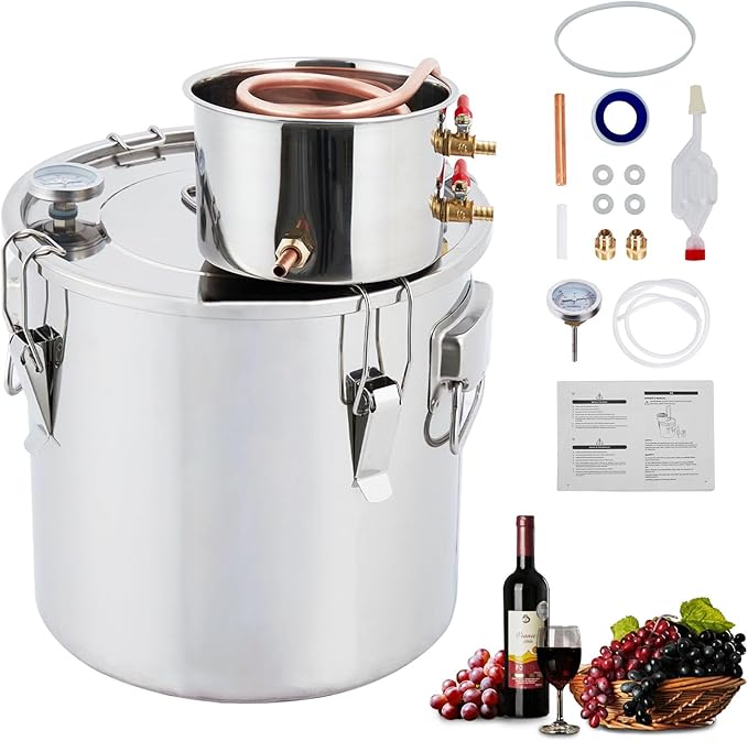 GarveeHome Alcohol Still 3 gal 12 L Water Alcohol Distiller Spirits Kit w/Copper Tube & Display Thermometer, Home Brew Wine Making Kit for Diy Whiskey, Wine, Brandy, Essential Oil