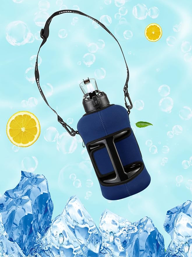 Half Gallon Water Bottle with Straw 74 oz Large Water Bottle Big Gym Water Bottle with Storage Sleeve BPA Free Gallon Water Jug with Handle and Bottle Brush Navy Blue