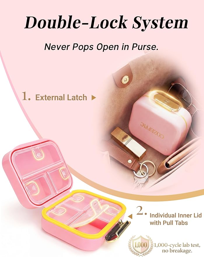 Small Pill Case Travel Pill Box with 7 Compartments for Purse - Compact Pill Organizer for Medicine Vitamin - Portable Container for Fish Oil & Supplements - Soft Pink
