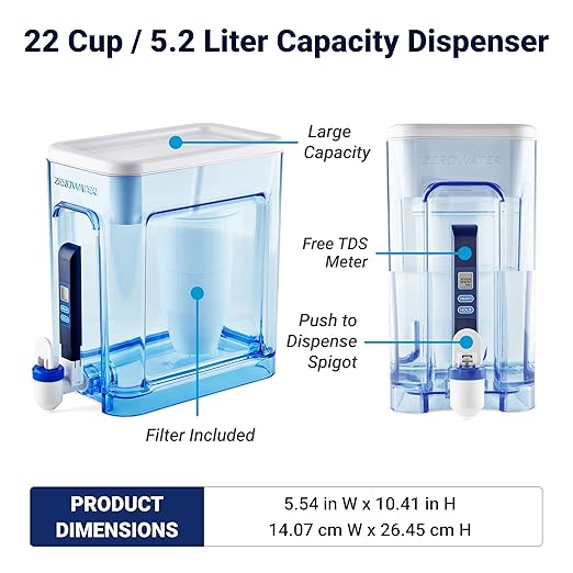 ZeroWater 22-Cup 5-Stage Water Filter Dispenser with Instant Read Out - 0 TDS for Improved Tap Water Taste - IAPMO Certified to Reduce Lead, Chromium, and PFOA/PFOS