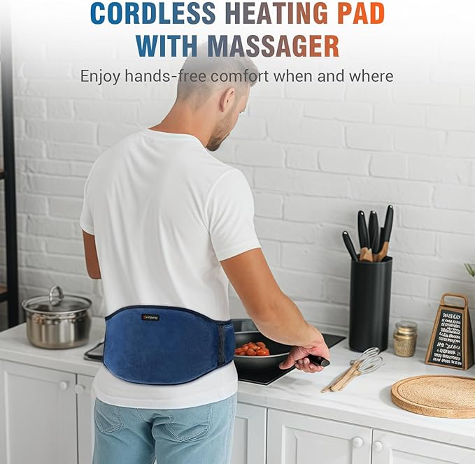 Comfytemp Cordless Portable Heating Pad with Massager for Back, FSA Eligible HSA Rechargeable Lower Back Massager with Heat, Wireless Heated Waist Belt Wrap for Period Menstrual, Gifts for Grandma Men